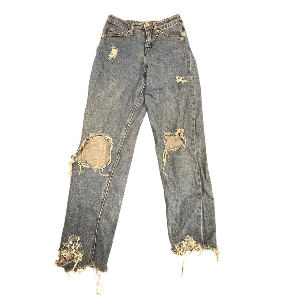 Wild Fable Women's Size 0 Distressed High-Rise Straight Leg Jeans Blue Denim